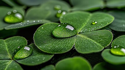 Wall Mural - Water Droplet on Green Clover Leaf  Close Up Macro Photography