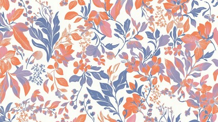 Wall Mural - Seamless floral pattern with orange, pink, and blue flowers on a white background.