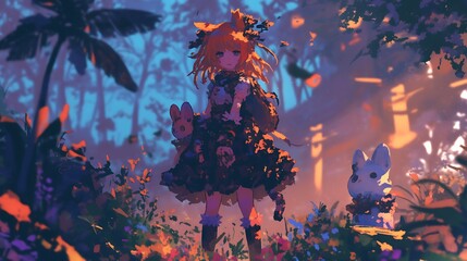 Anime girl standing in a magical forest with colorful flora and fauna. Digital art illustration.