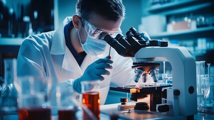 Poster - A Scientist in a Lab Coat Examining a Sample Through a Microscope