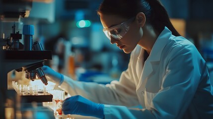 Poster - Scientist in a Lab Coat Examining Samples Under a Microscope