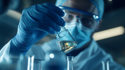 Poster - Scientist in a Lab Coat Pouring a Yellow Liquid from a Beaker into a Test Tube