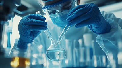 Poster - A Scientist in a Lab Coat Pouring Liquid From a Test Tube Into a Flask
