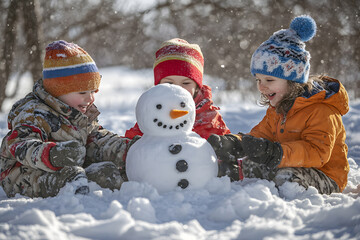 Group of Children Building a Snowman in Winter