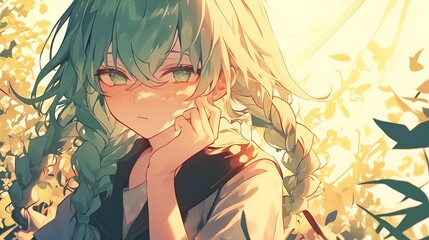 Poster - Anime girl with green and blonde hair, in flower field with sun shining