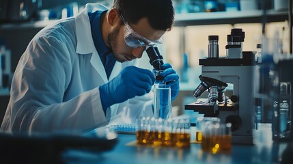 Poster - Scientist in a Lab Coat Examining a Sample Under a Microscope