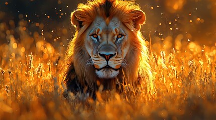 Wall Mural - Majestic Lion in Golden Grass at Sunset