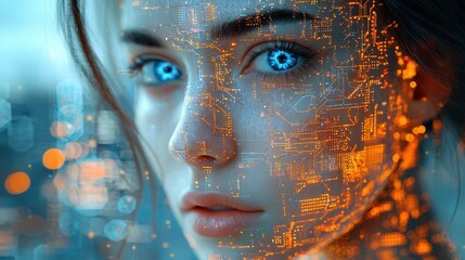 Futuristic Woman with Circuitry Overlay   AI  Technology  Digital Art