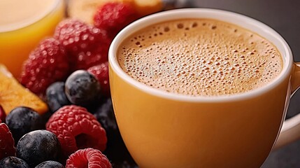 Wall Mural - Close up of a cup of coffee with raspberries and blueberries