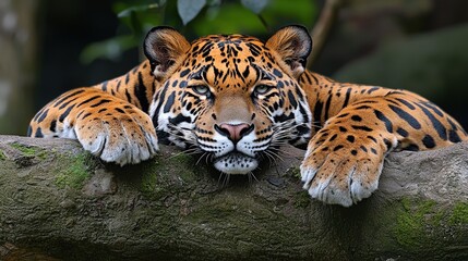 Wall Mural - Jaguar Resting on Tree Branch  Close Up Portrait