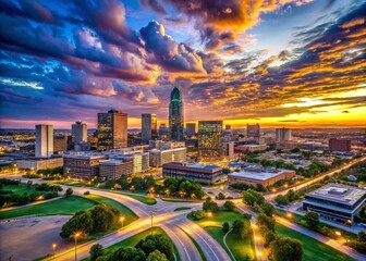 Wall Mural - Breathtaking Omaha Nebraska Skyline at Dusk with City Lights and Beautiful Cloudy Sky Above