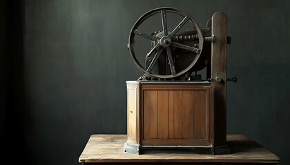 Antique Wooden Machine with a Large Metal Wheel