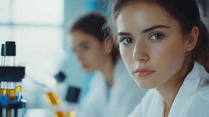 Poster - Close-up Portrait of a Young Woman in a Lab Coat