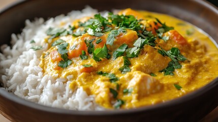 Close-up of a delicious curry dish with rice and cilantro garnish.