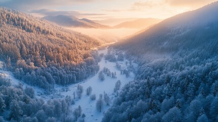 Poster - Aerial View of a Snow-Covered Valley at Sunrise