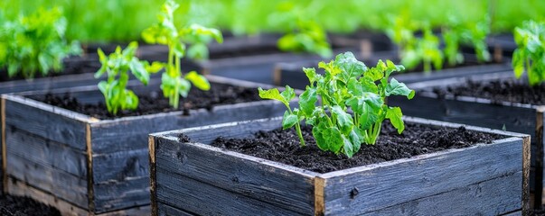 Fresh Green Vegetables in Wooden Raised Garden Beds