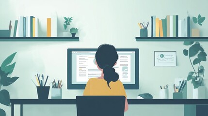 Poster - Woman Working at Desk in a Home Office