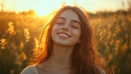 Canvas Print - Smiling Woman in Golden Field