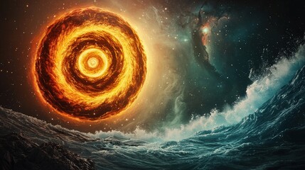 Wall Mural - Cosmic Fire and Ocean Waves  Celestial Abstract Art