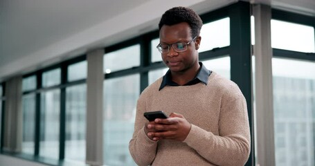 Poster - Business man, thinking and phone in office for communication, planning and brainstorming. Black person, mobile and contemplating for seo project with research, inspiration and notes for design ideas