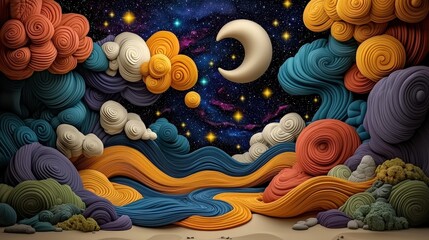 Wall Mural - Abstract Night Sky with Clouds  Moon  and Stars