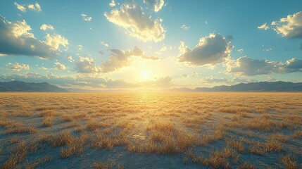 Wall Mural - Golden Sunset over Dry Grass Field and Mountains