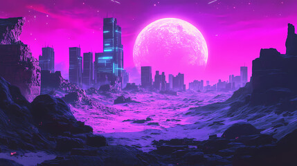 Vibrant cyberpunk desert landscape with violet sky , cyberpunk, landscape, desert, violet, sky, futuristic. Futuristic Wasteland. Illustration