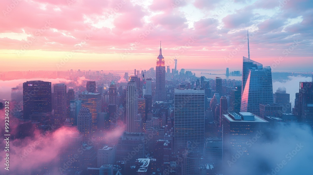 New York City Skyline Sunset with Clouds Stock Illustration | Adobe Stock