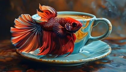 Surreal Encounter: Vibrant Betta Fish Swimming in a Coffee Cup with Hyperrealistic Detail