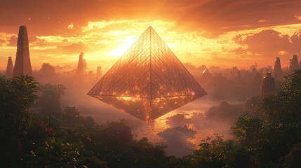 Wall Mural - Futuristic Cityscape with Glass Pyramid at Sunset