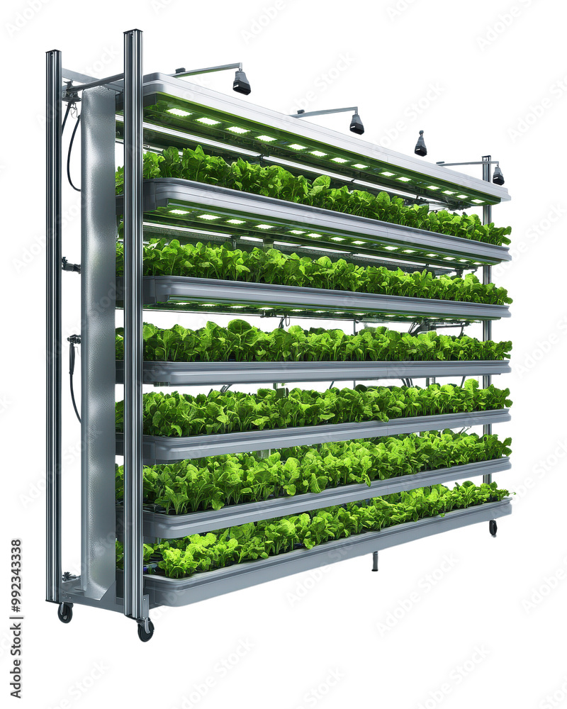 Vertical hydroponic farm with green leafy plants, white isolate ...
