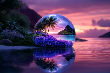 A surreal water orb reflecting a lush tropical island with purple and blue flowers, glowing under the soft light of a pink and orange sunset