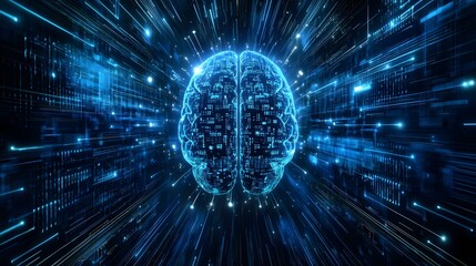 Poster - Digital Brain with Blue Lines and Glowing Spots