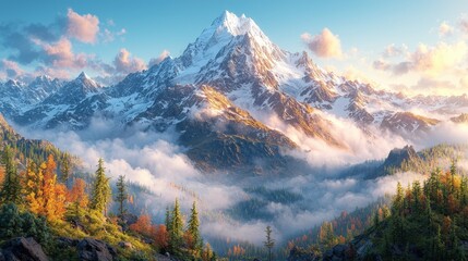 Wall Mural - Majestic Mountain Peak with Autumn Forest and Clouds at Sunset