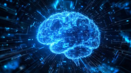 Poster - Digital Brain Network with Circuitry and Blue Glowing Lines