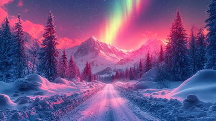 Sticker - Winter Wonderland Road with Aurora Borealis and Snowy Mountains