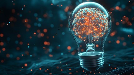Poster - A glowing brain inside a light bulb against a dark blue and orange bokeh background.