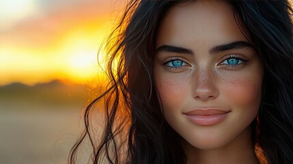 Wall Mural - Beautiful Woman With Blue Eyes Looking at the Sunset