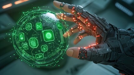 Canvas Print - Futuristic Robotic Hand Interacting with Green Holographic Interface