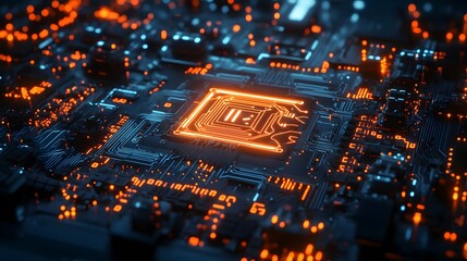 Poster - Glowing Orange Circuit Board with Central Processor