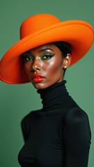 Elegant African woman in an orange hat and black turtleneck, posing confidently against a green background.