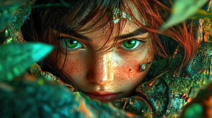 Wall Mural - Woman with Green Eyes Hiding in the Woods