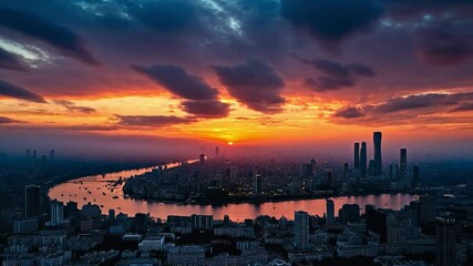 Aufkleber - A breathtaking sunset casts vibrant hues across the sky, illuminating the river winding through the city, surrounded by towering skyscrapers.