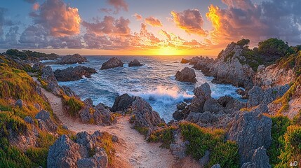 Wall Mural - Rocky Coastline Sunset Dramatic Sky Seascape Path Landscape