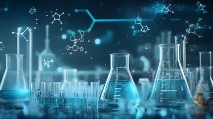 Poster - A Close-Up of Chemical Flasks and Beakers with Blue Liquid and Molecular Structures