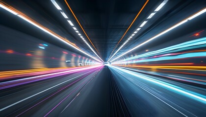 Futuristic High-Speed Tunnel Illuminated by Vibrant Light Trails and Motion Blur, Capturing Technology and Transport Innovation at Night