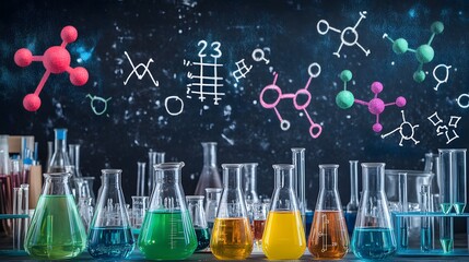 Poster - Chemistry Lab Setup with Flasks and Test Tubes, Molecular Structures on Blackboard