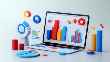 Poster - A Laptop Displaying Various Charts and Graphs Surrounded by 3D Colorful Representations of Data