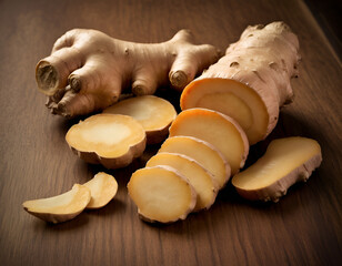 ginger root on wooden board, ginger root on wooden table, ginger root on a board