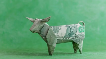 Origami Bull Made from Dollar Bill Representing Financial Transactions and Stock Market Concepts